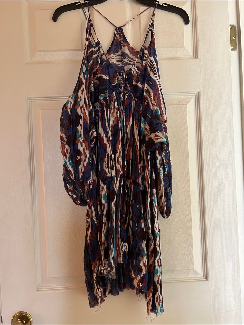 Boho Print Cold-Shoulder Maxi Dress in Blue and Brown
